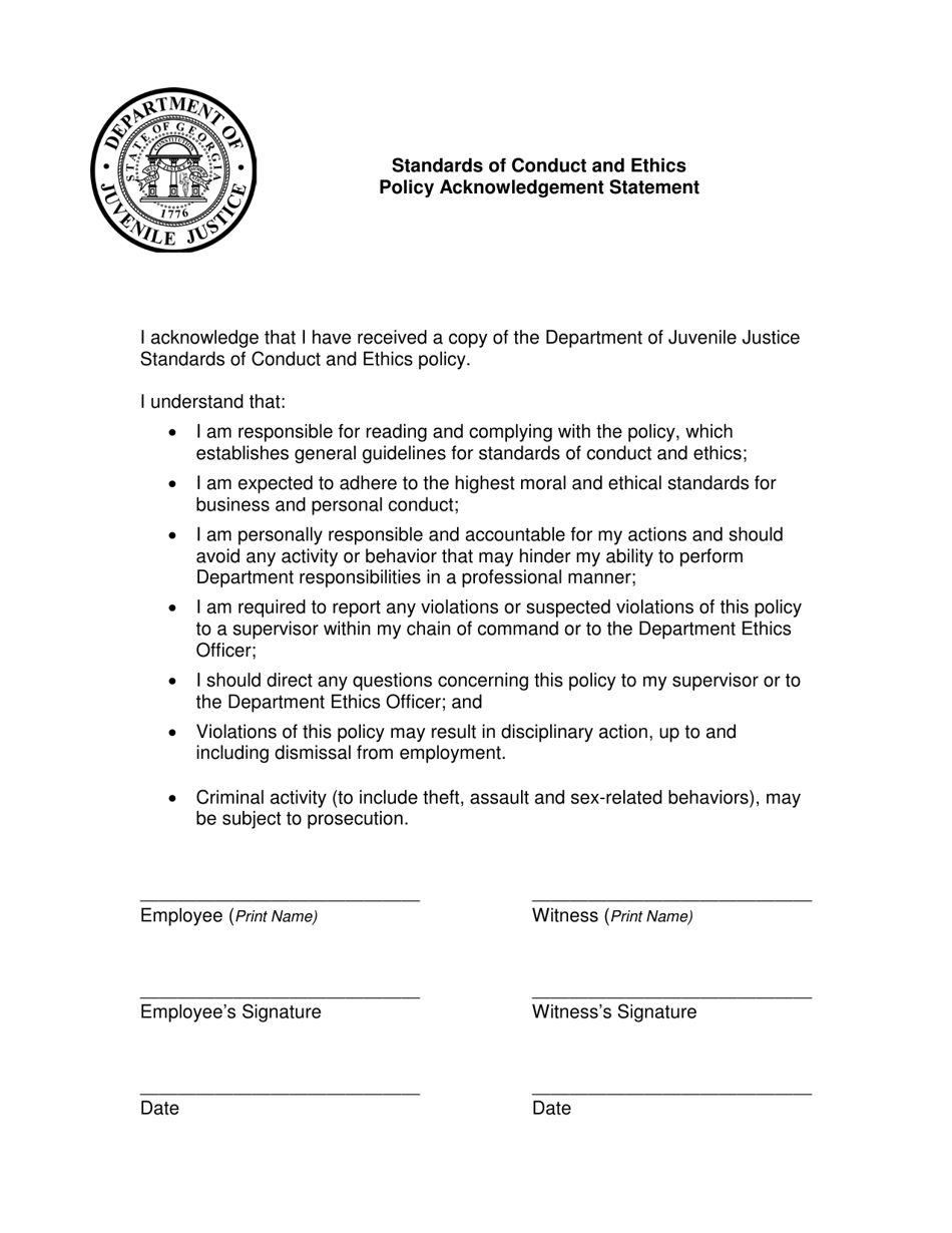 Attachment B Standards of Conduct and Ethics Policy Acknowledgement Statement - Georgia (United States), Page 1