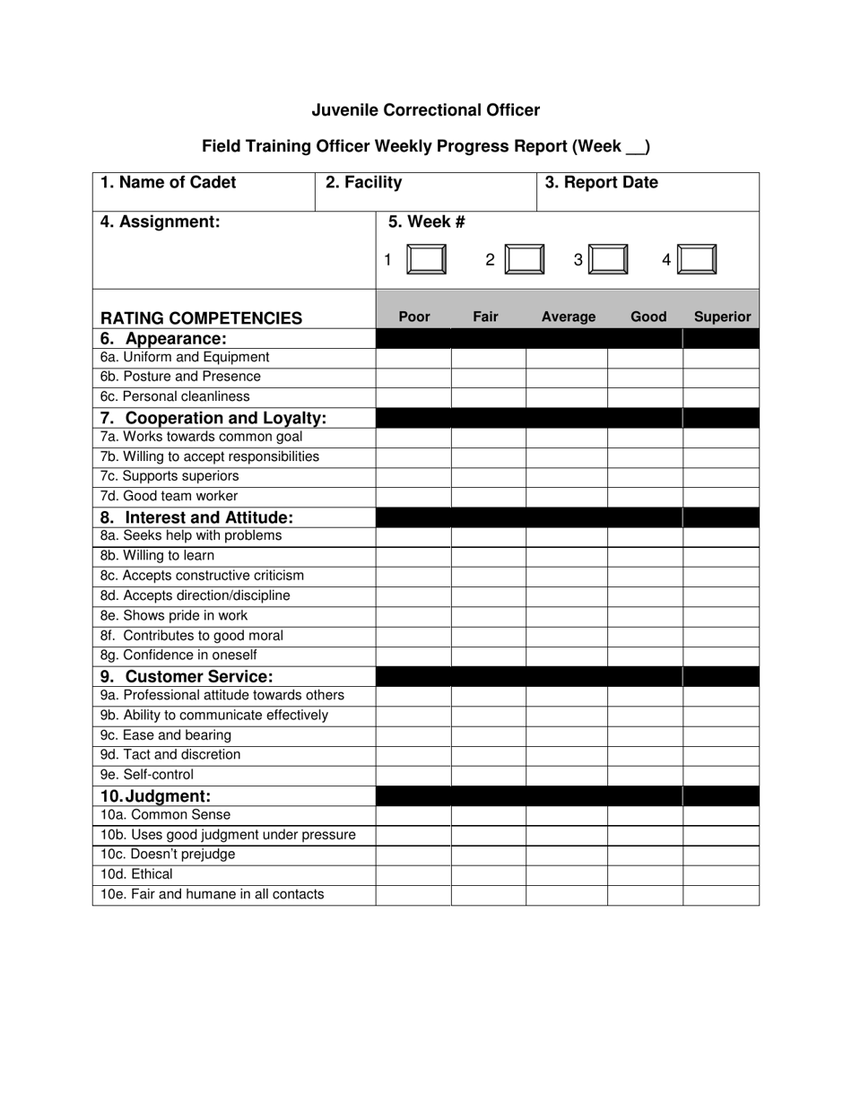 Attachment C Juvenile Correctional Officer Field Training Officer Weekly Progress Report - Georgia (United States), Page 1
