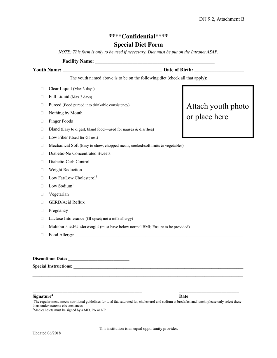 Attachment B Special Diet Form - Georgia (United States), Page 1