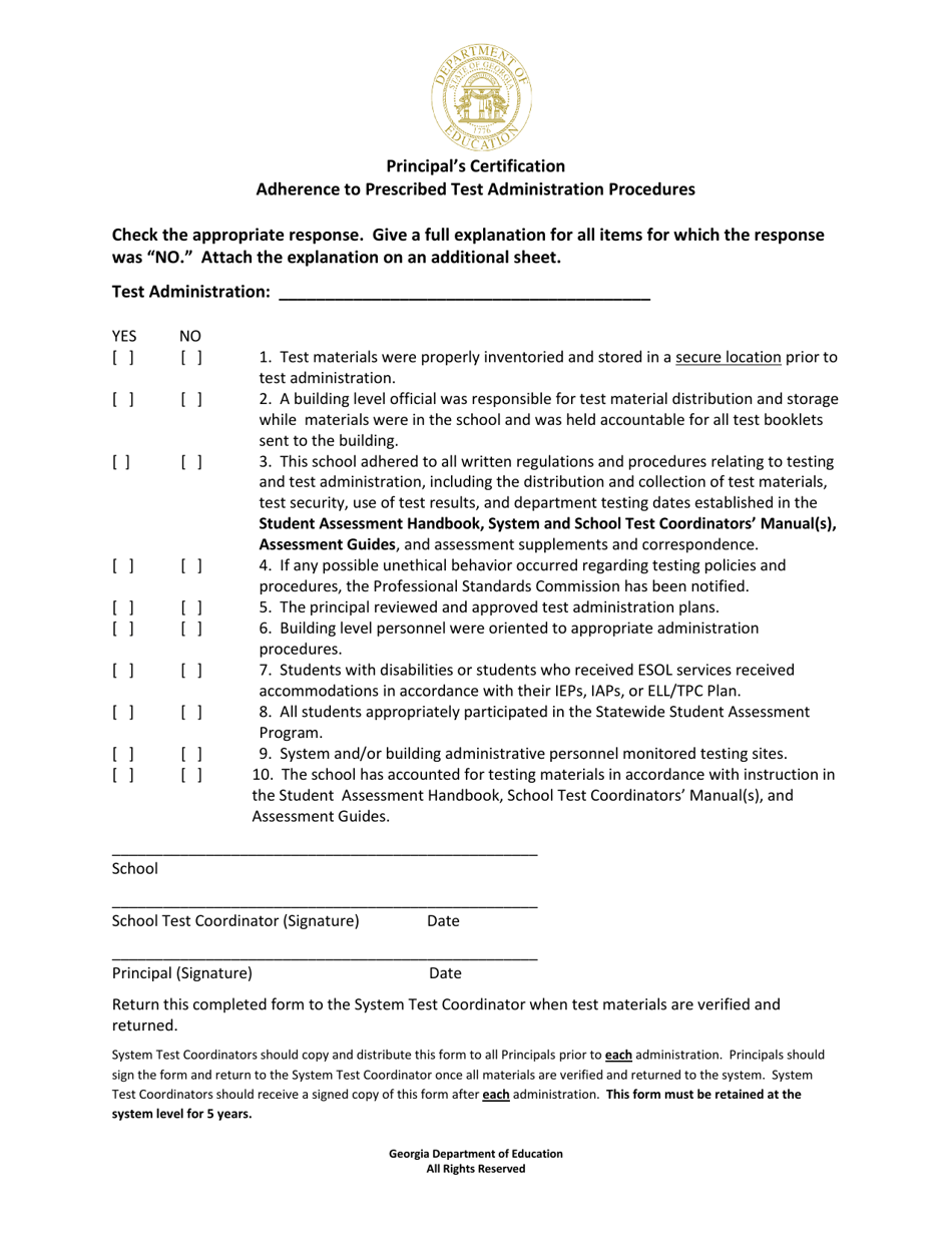 Attachment B Principal's Certification Adherence to Prescribed Test Administration Procedures - Georgia (United States), Page 1