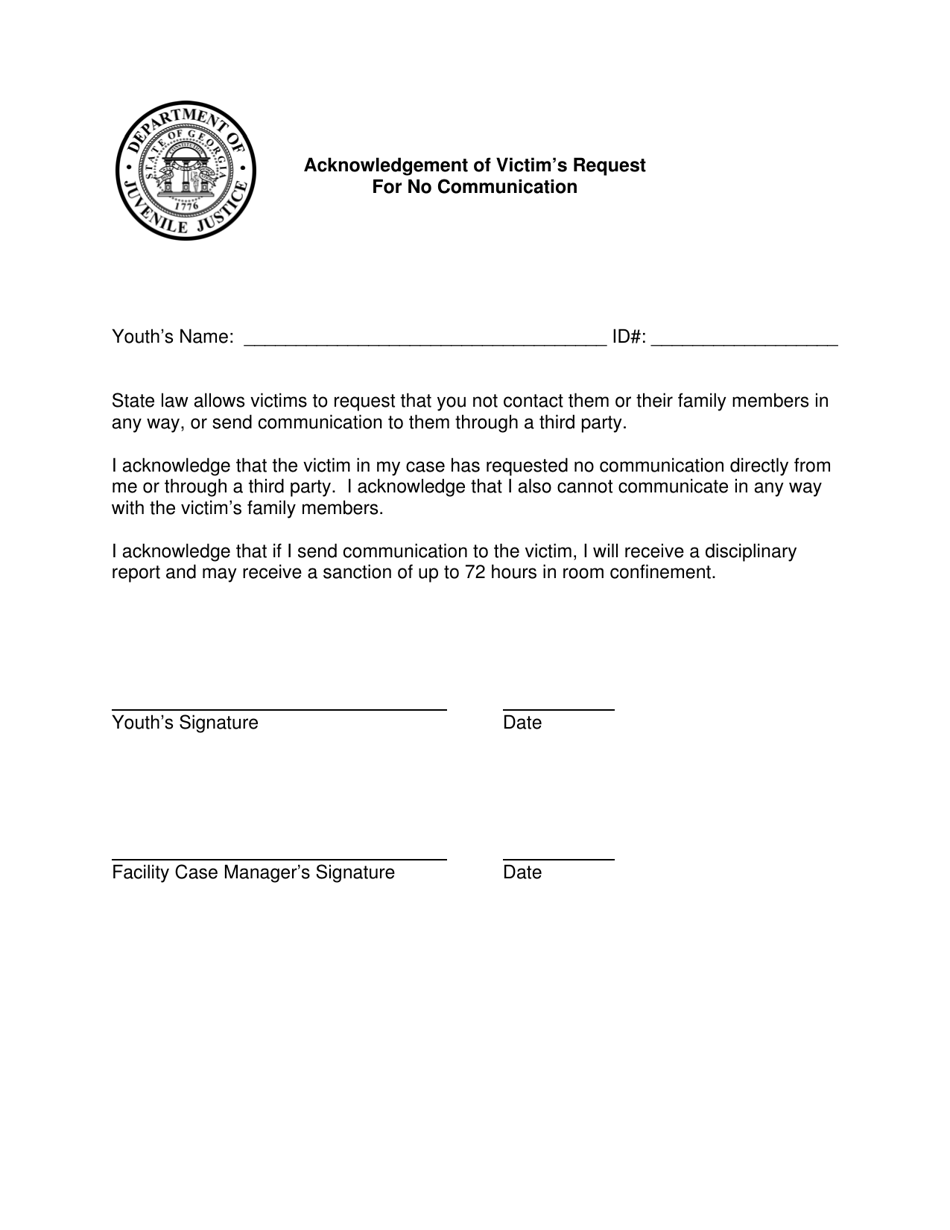 Attachment C Acknowledgement of Victims Request for No Communication - Georgia (United States), Page 1