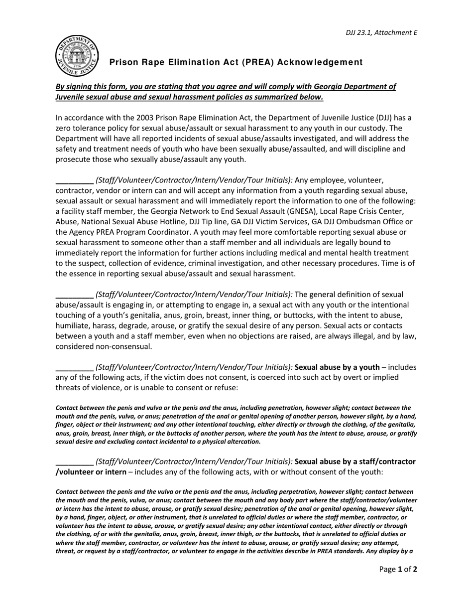 Attachment E Prison Rape Elimination Act (Prea) Acknowledgement - Georgia (United States), Page 1