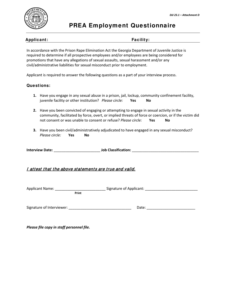 Attachment D Prea Employment Questionnaire - Georgia (United States), Page 1