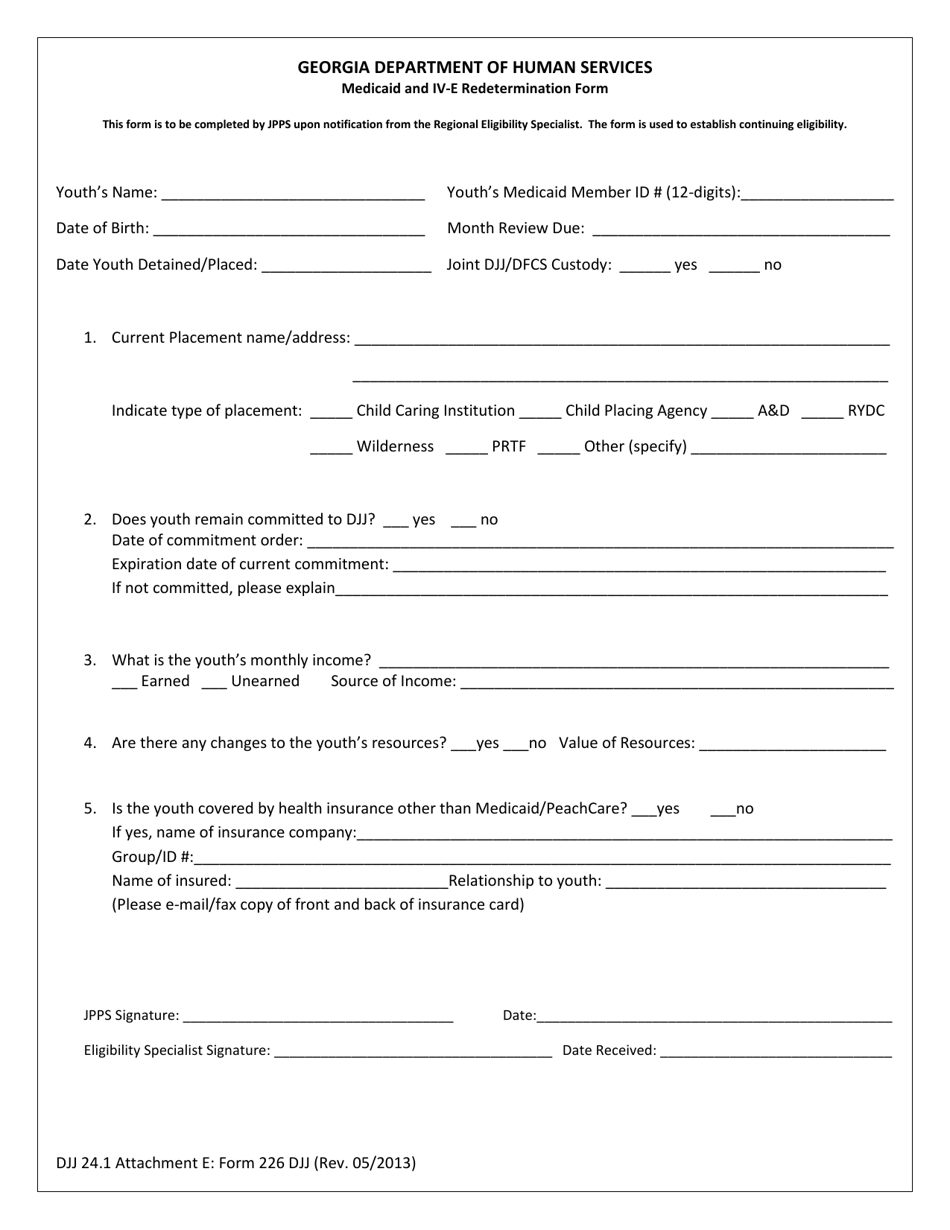 Form 226 Attachment E Medicaid and IV-E Redetermination Form - Georgia (United States), Page 1