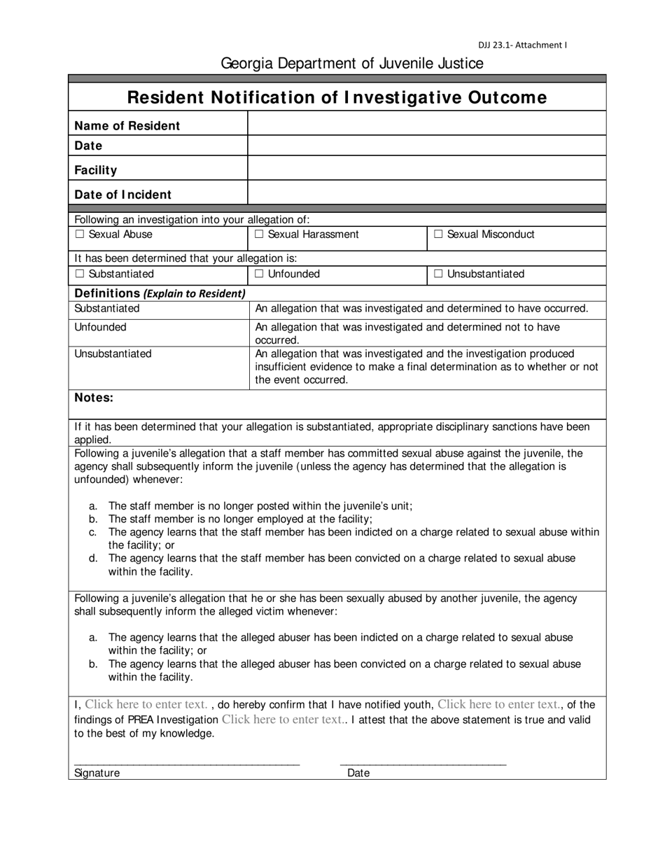 Attachment I Resident Notification of Investigative Outcome - Georgia (United States), Page 1