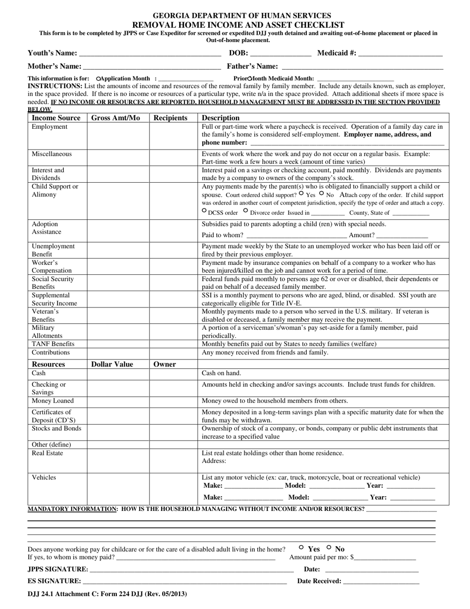 Form 224 Attachment C Removal Home Income and Asset Checklist - Georgia (United States), Page 1