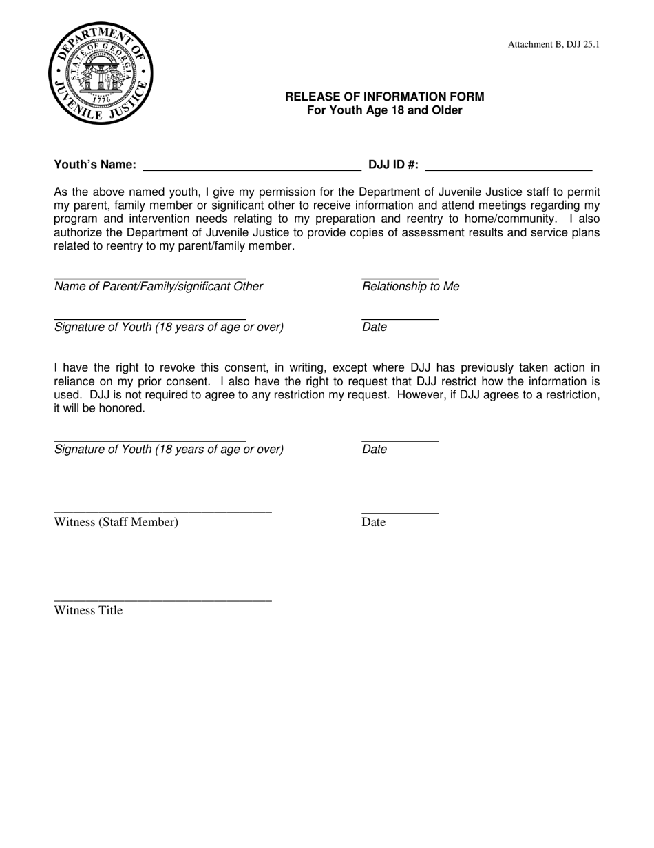 Attachment B Release of Information Form for Youth Age 18 and Older - Georgia (United States), Page 1