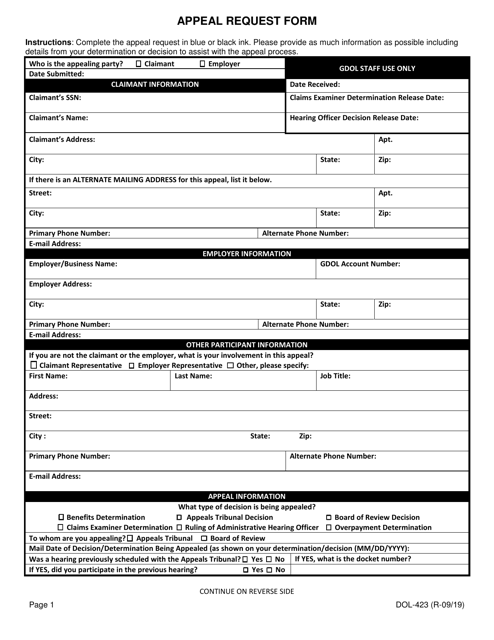 Form DOL-423 Appeal Request Form - Georgia (United States)
