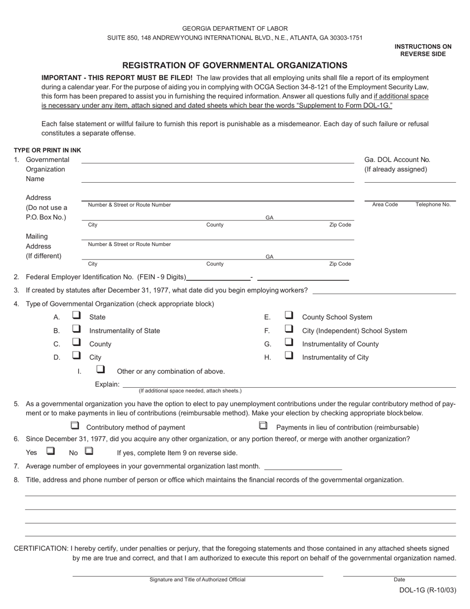 Form DOL-1G Registration of Governmental Organizations - Georgia (United States), Page 1