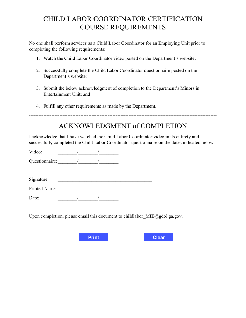 Child Labor Coordinator Certification Course Requirements and Acknowledgment of Completion - Georgia (United States), Page 1