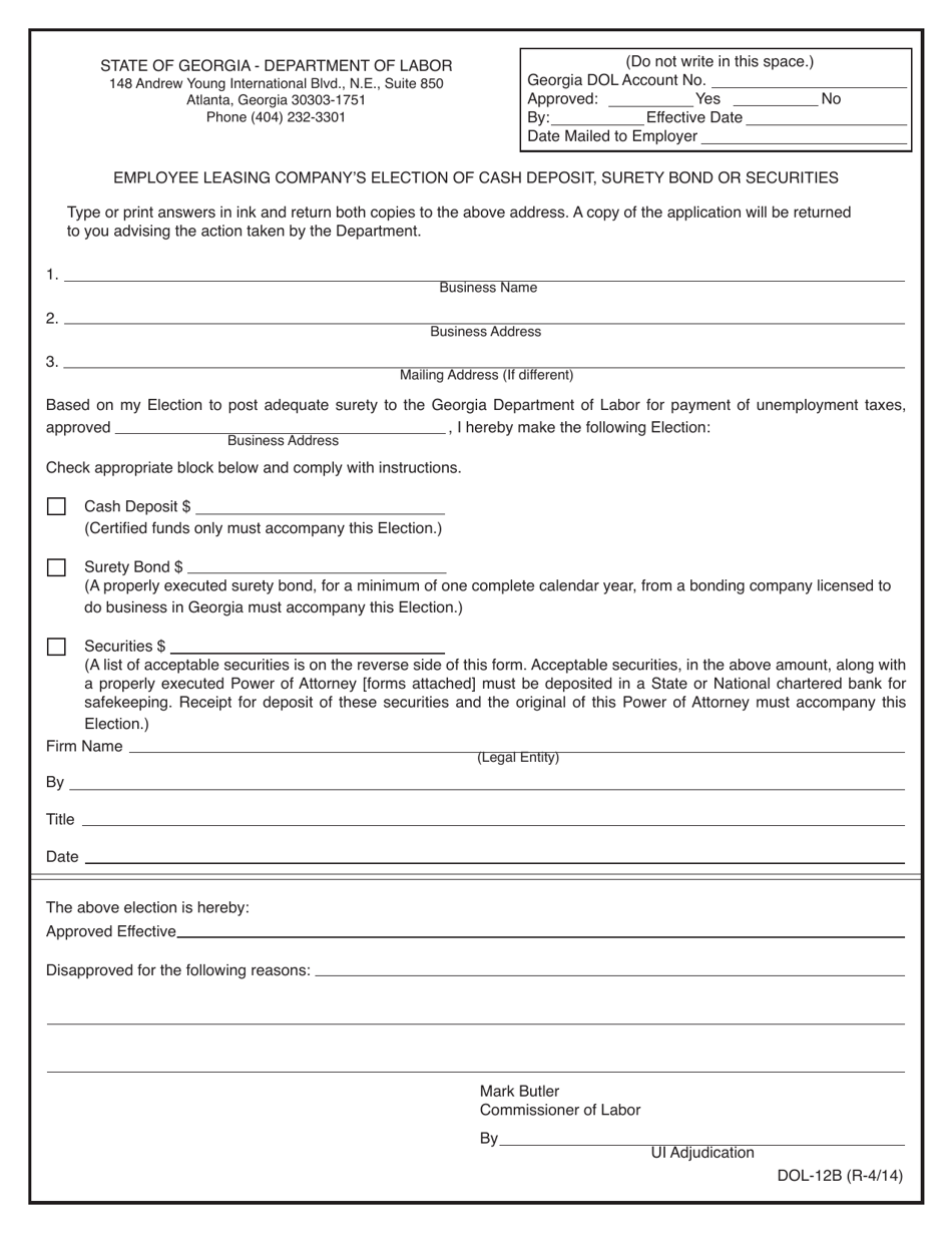 Form DOL-12B Employee Leasing Company's Election of Cash Deposit, Surety Bond or Securities - Georgia (United States), Page 1