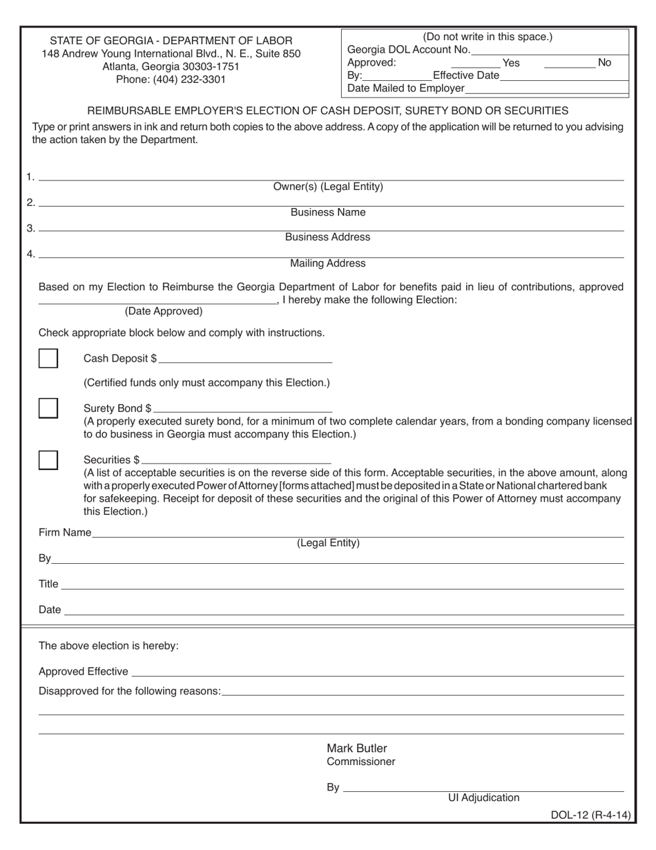 Form DOL-12 Reimbursable Employer's Election of Cash Deposit, Surety Bond or Securities - Georgia (United States), Page 1