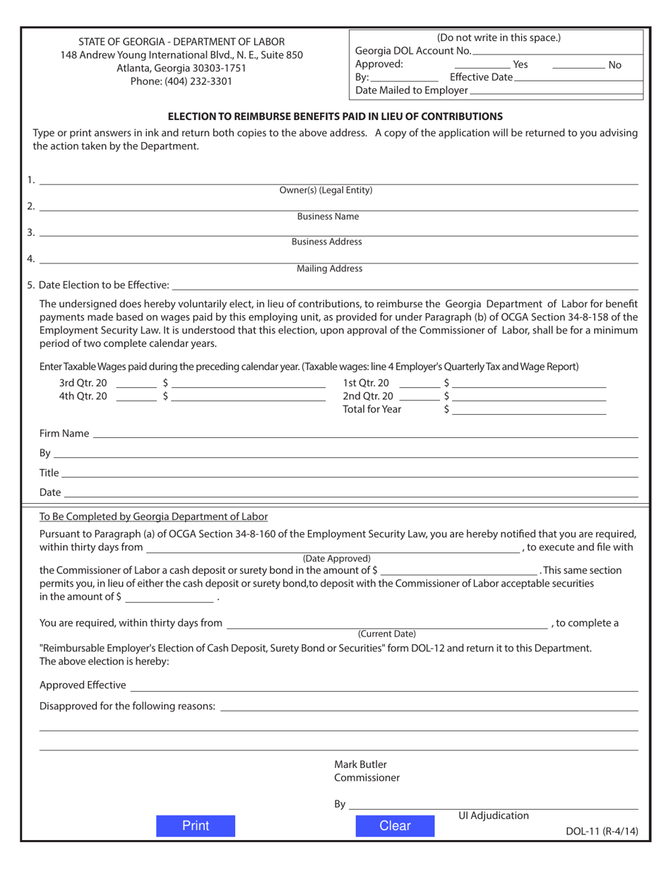 Form DOL-11 Election to Reimburse Benefits Paid in Lieu of Contributions - Georgia (United States), Page 1