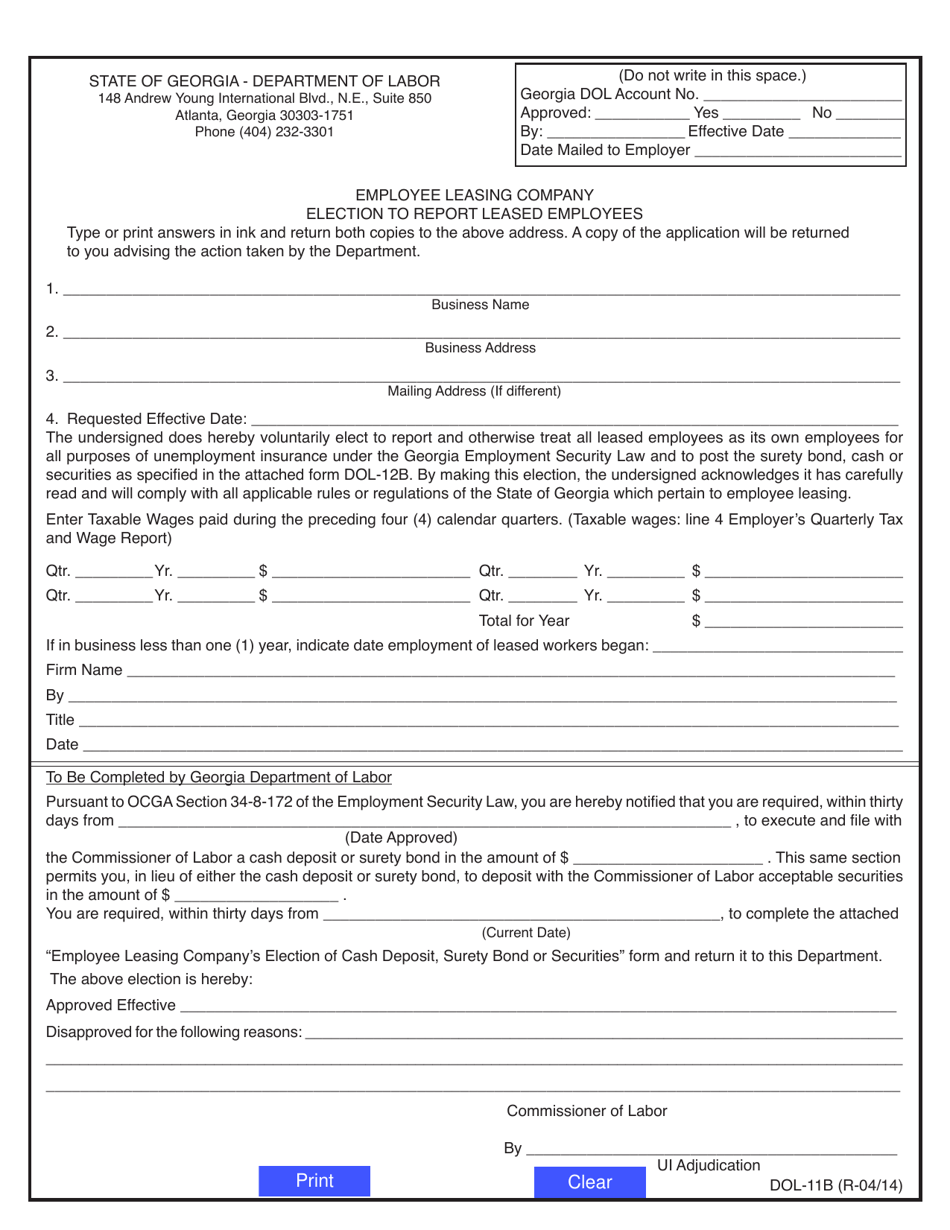 Form DOL-11B Employee Leasing Company Election to Report Leased Employees - Georgia (United States), Page 1