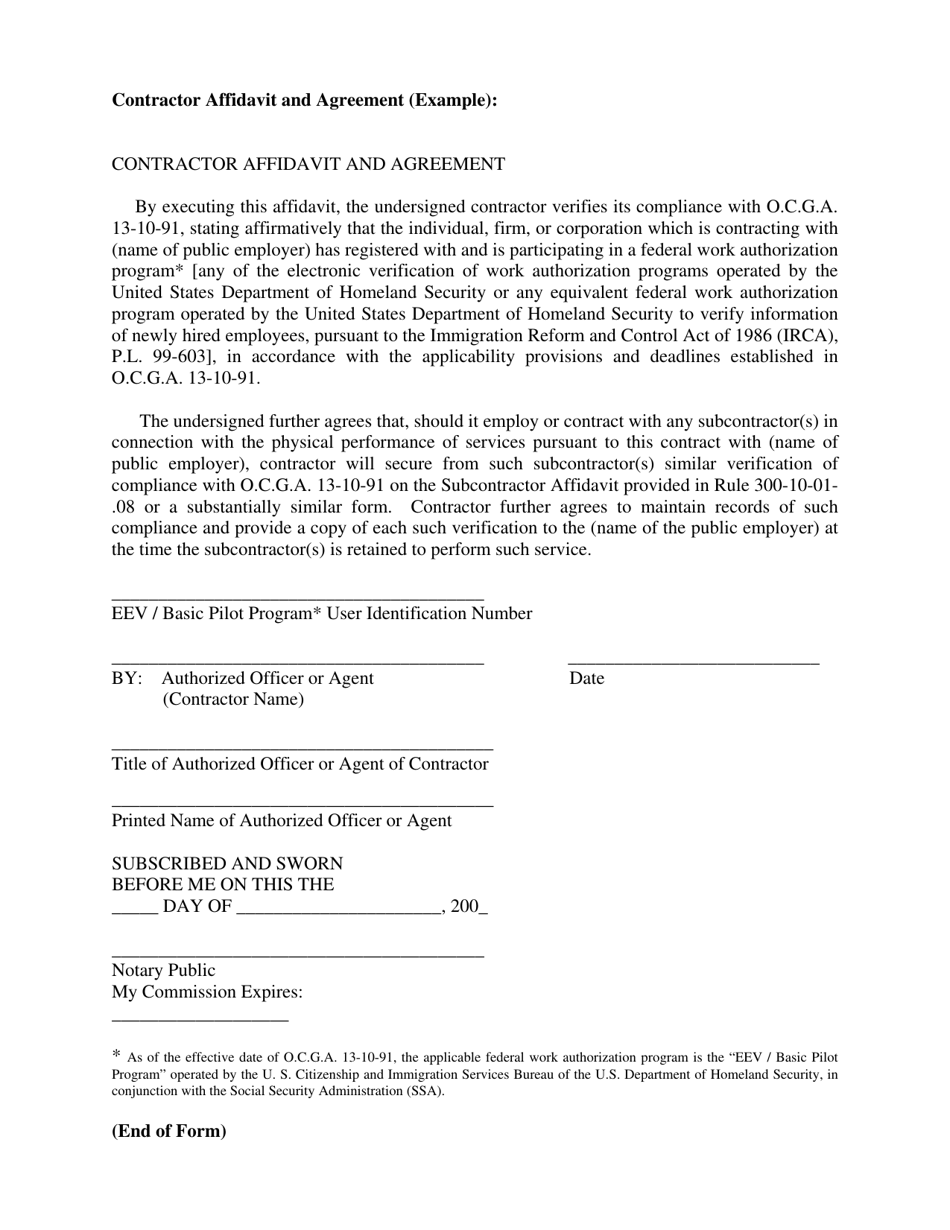 Sample Contractor Affidavit and Agreement - Georgia (United States), Page 1