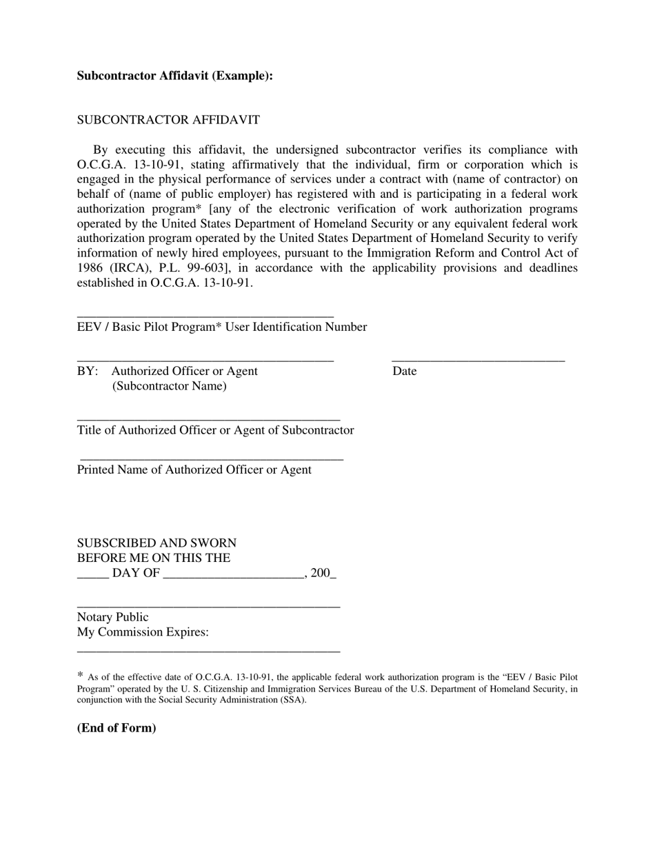 Sample Subcontractor Affidavit - Georgia (United States), Page 1