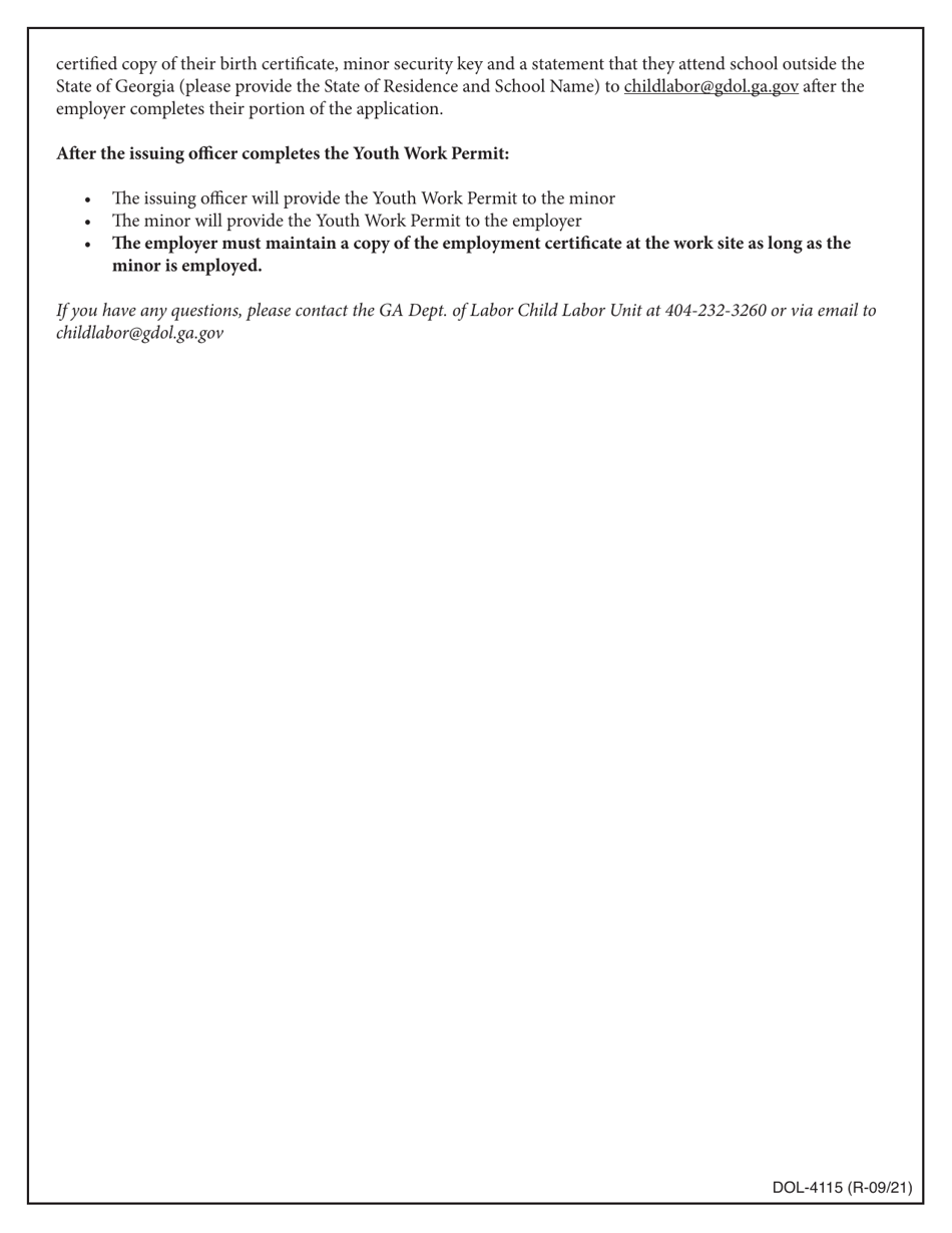 Instructions for Form DOL-4115 Work Permit - Issuing Officers Instructions for the Online System - Georgia (United States), Page 2