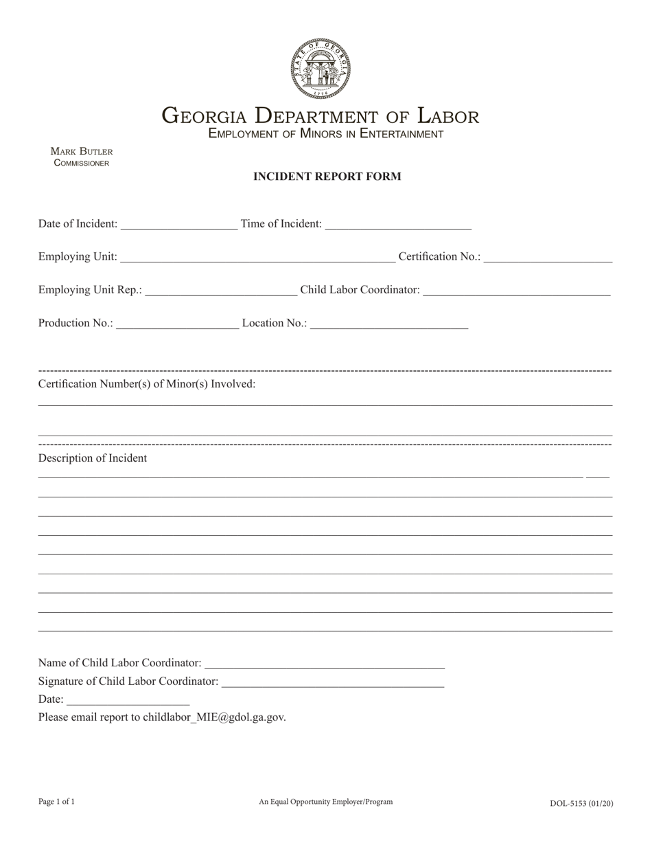 Form DOL-5153 Incident Report Form - Georgia (United States), Page 1