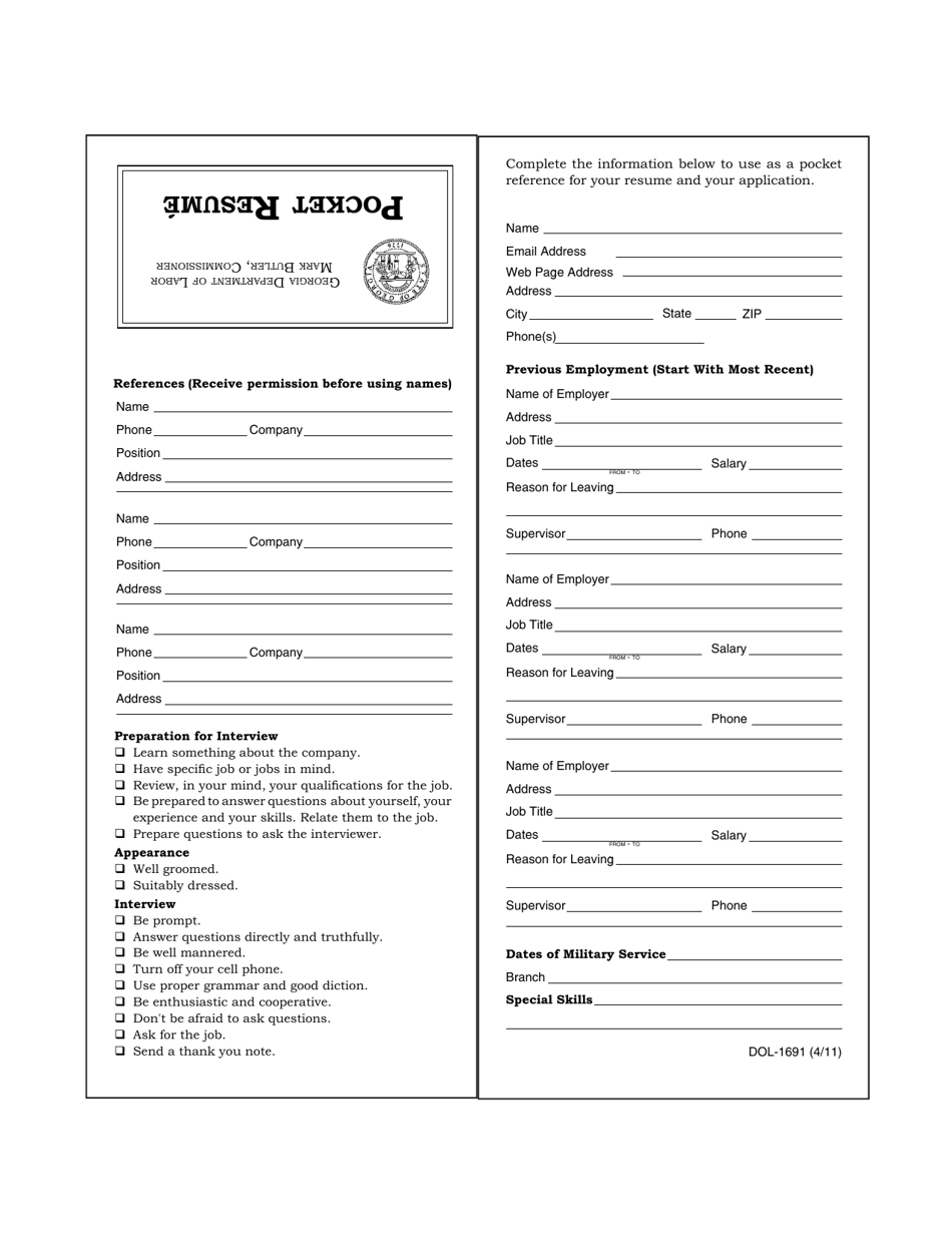 Form DOL-1691 Pocket Resume - Georgia (United States), Page 1