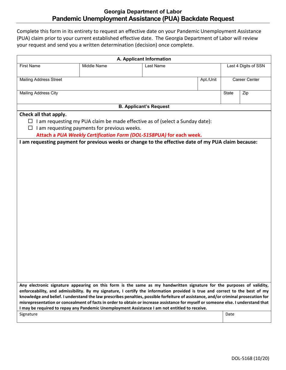 Form DOL-5168 Pandemic Unemployment Assistance (Pua) Backdate Request - Georgia (United States), Page 1