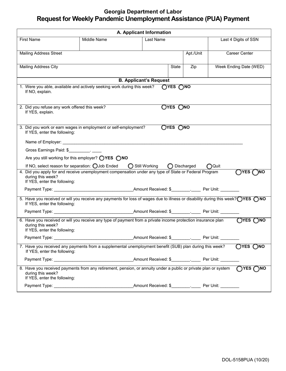 Form DOL-5158PUA Request for Weekly Pandemic Unemployment Assistance (Pua) Payment - Georgia (United States), Page 1