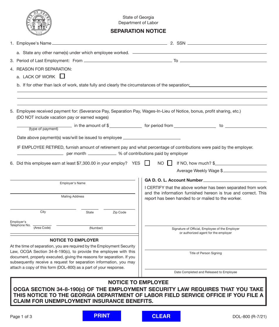 Form DOL-800 Separation Notice - Georgia (United States), Page 1