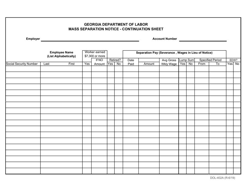 Form DOL-402A Mass Separation Notice - Continuation Sheet - Georgia (United States)