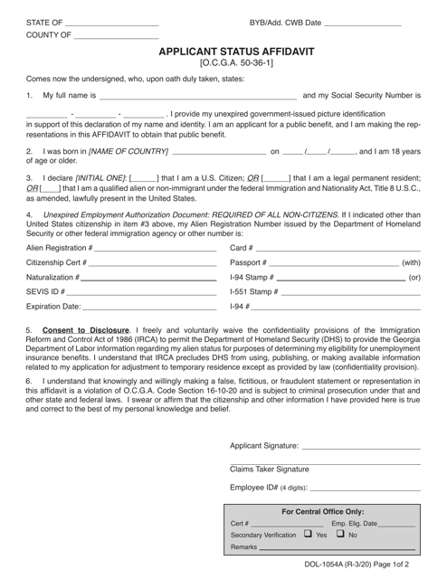 Form DOL-1054A Applicant Status Affidavit - Georgia (United States)