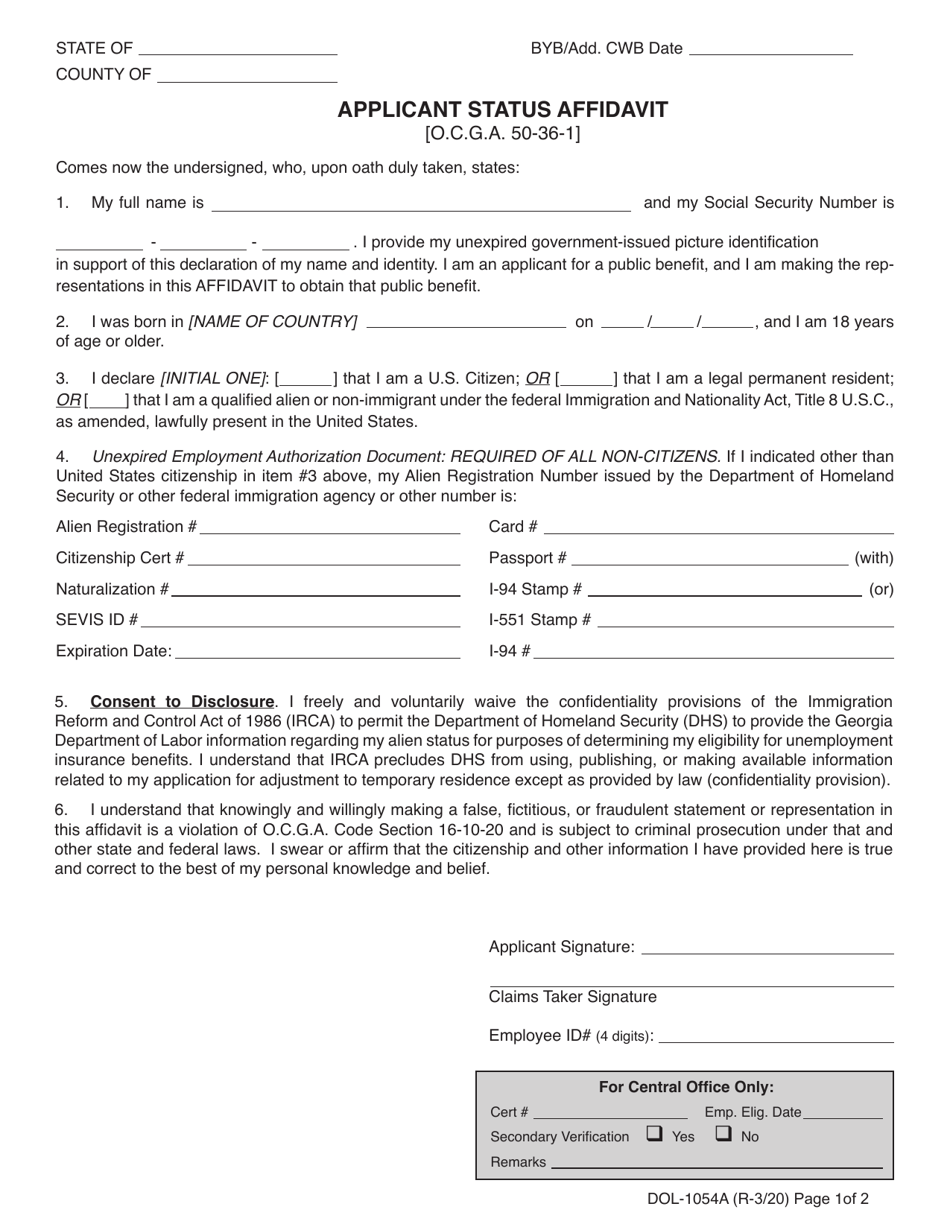 Form DOL-1054A Applicant Status Affidavit - Georgia (United States), Page 1