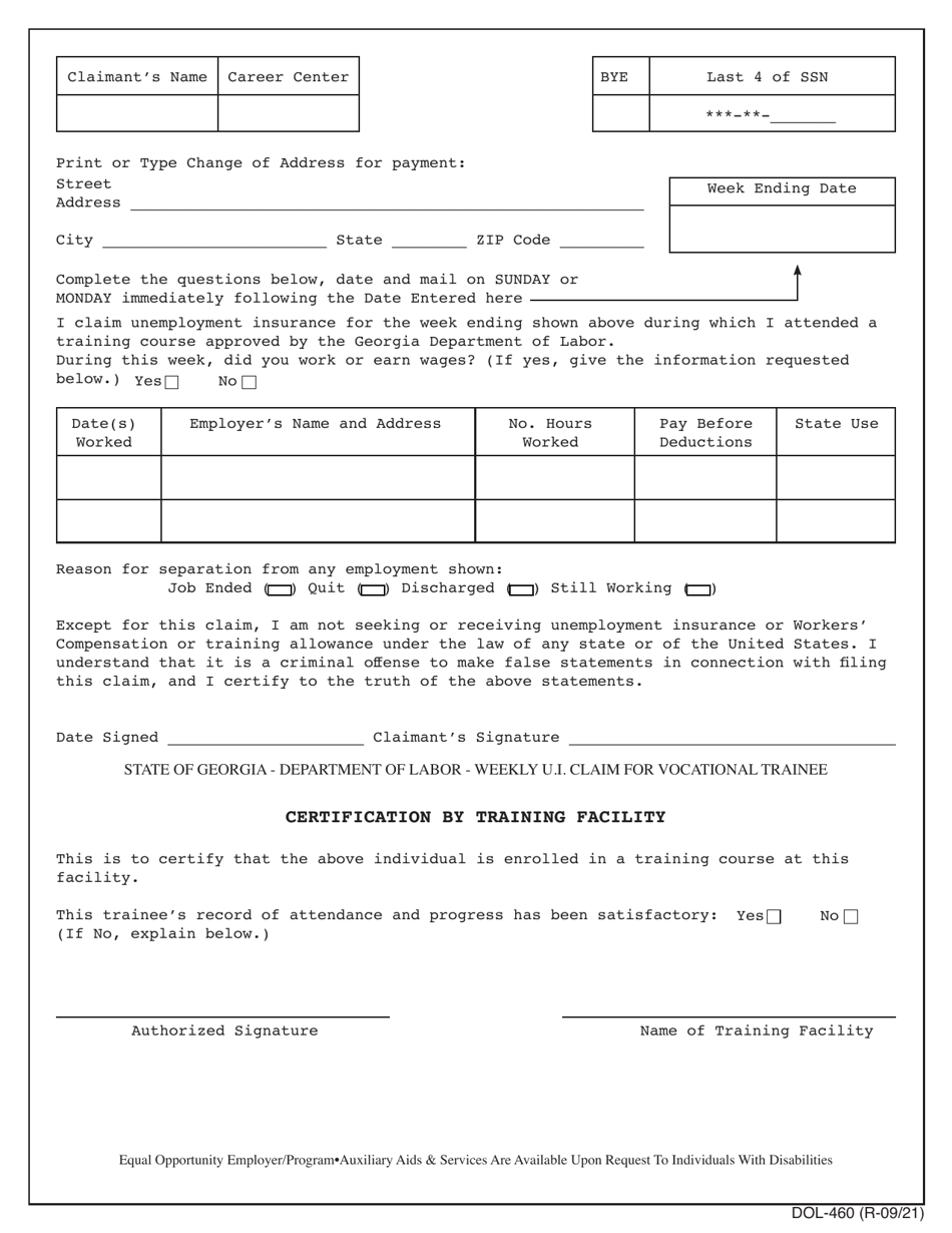 Form DOL-460 Weekly Ui Claim for Vocational Trainee Certification by Training Facility - Georgia (United States), Page 1