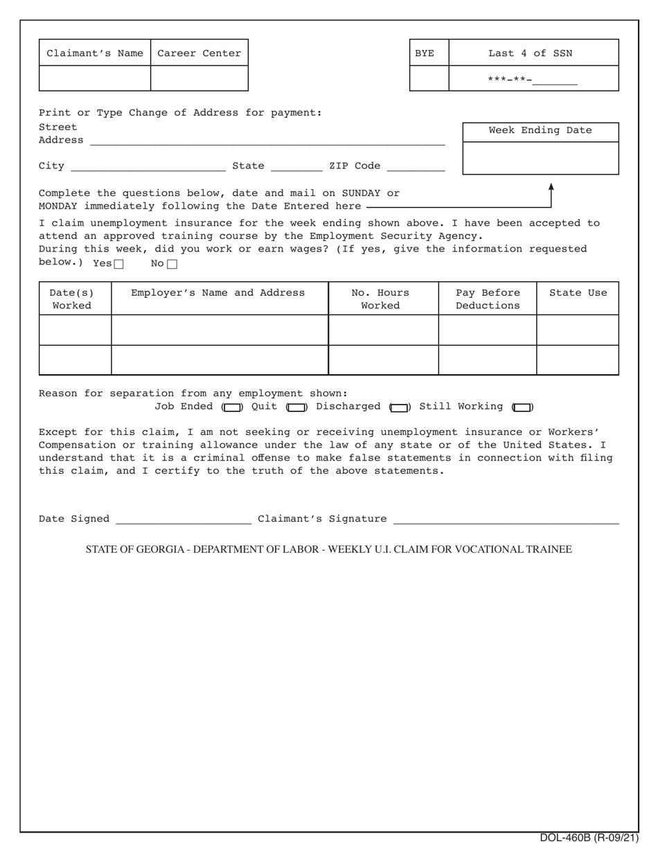 Form DOL-460B Ui Claimant Trainee Enrollment Certification - Georgia (United States), Page 1