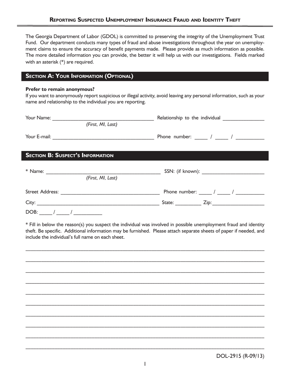 Form DOL-2915 Reporting Suspected Unemployment Insurance Fraud and Identity Theft - Georgia (United States), Page 1