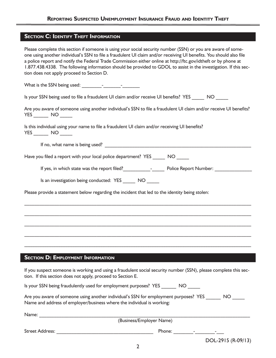 Form DOL-2915 Reporting Suspected Unemployment Insurance Fraud and Identity Theft - Georgia (United States), Page 2