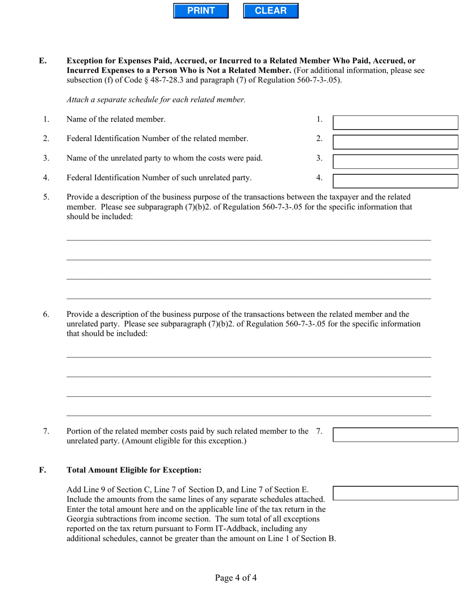 Form IT-ADDBACK Related Member Intangible Expenses and Costs and Interest Expenses and Costs - Georgia (United States), Page 4