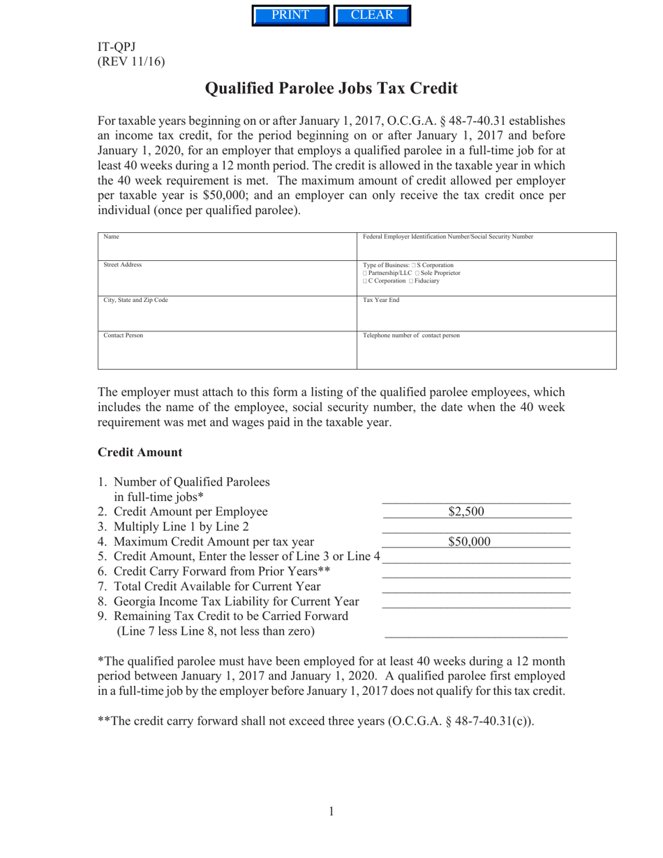 Form IT-QPJ Qualified Parolee Jobs Tax Credit - Georgia (United States), Page 1