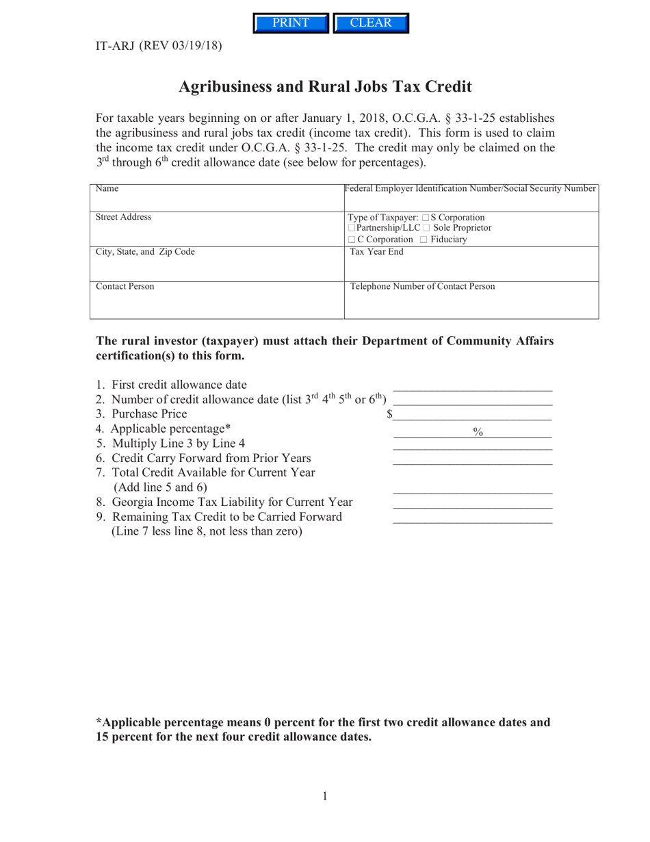 Form IT-ARJ Agribusiness and Rural Jobs Tax Credit - Georgia (United States), Page 1