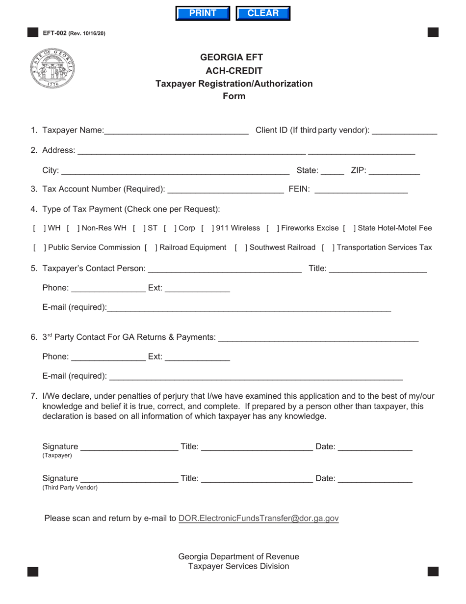 Form EFT-002 Georgia Eft ACH-Credit Taxpayer Registration / Authorization Form - Georgia (United States), Page 1