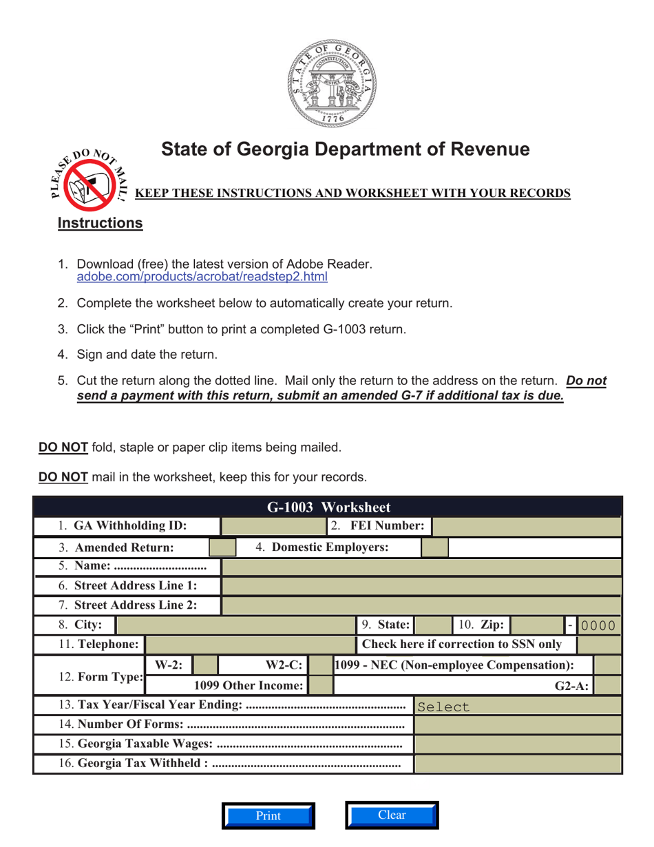 Form G-1003 Withholding Income Statement Return - Georgia (United States), Page 1