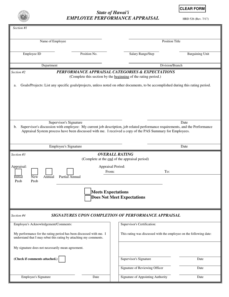 Form HRD526 Employee Performance Appraisal - Hawaii, Page 1
