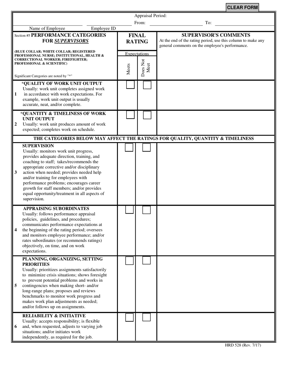 Form HRD528 Performance Categories for Supervisors - Hawaii, Page 1