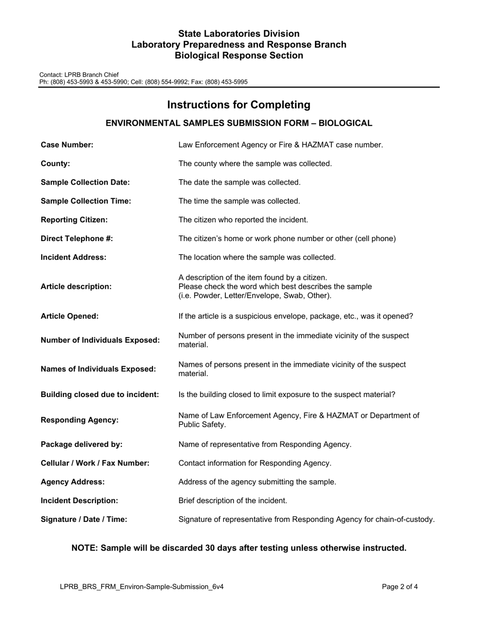Environmental Samples Submission Form - Biological - Hawaii, Page 2