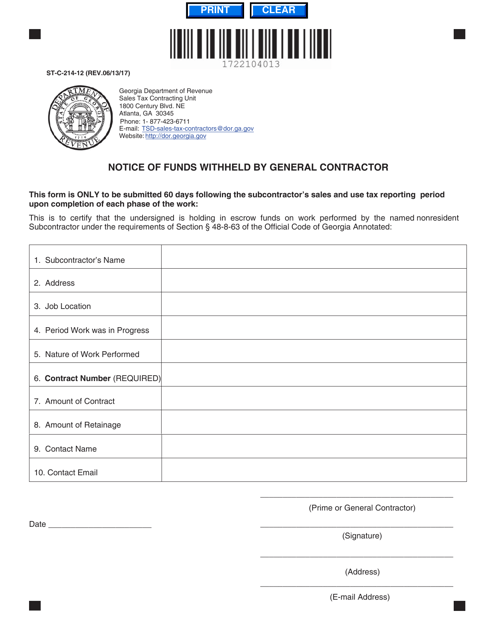 Form ST-C-214-12 Notice of Funds Withheld by General Contract - Georgia (United States)