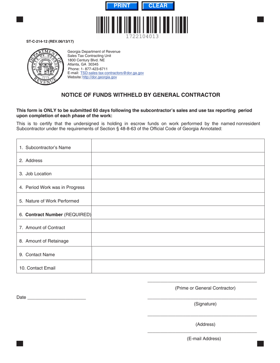 Form ST-C-214-12 Notice of Funds Withheld by General Contract - Georgia (United States), Page 1