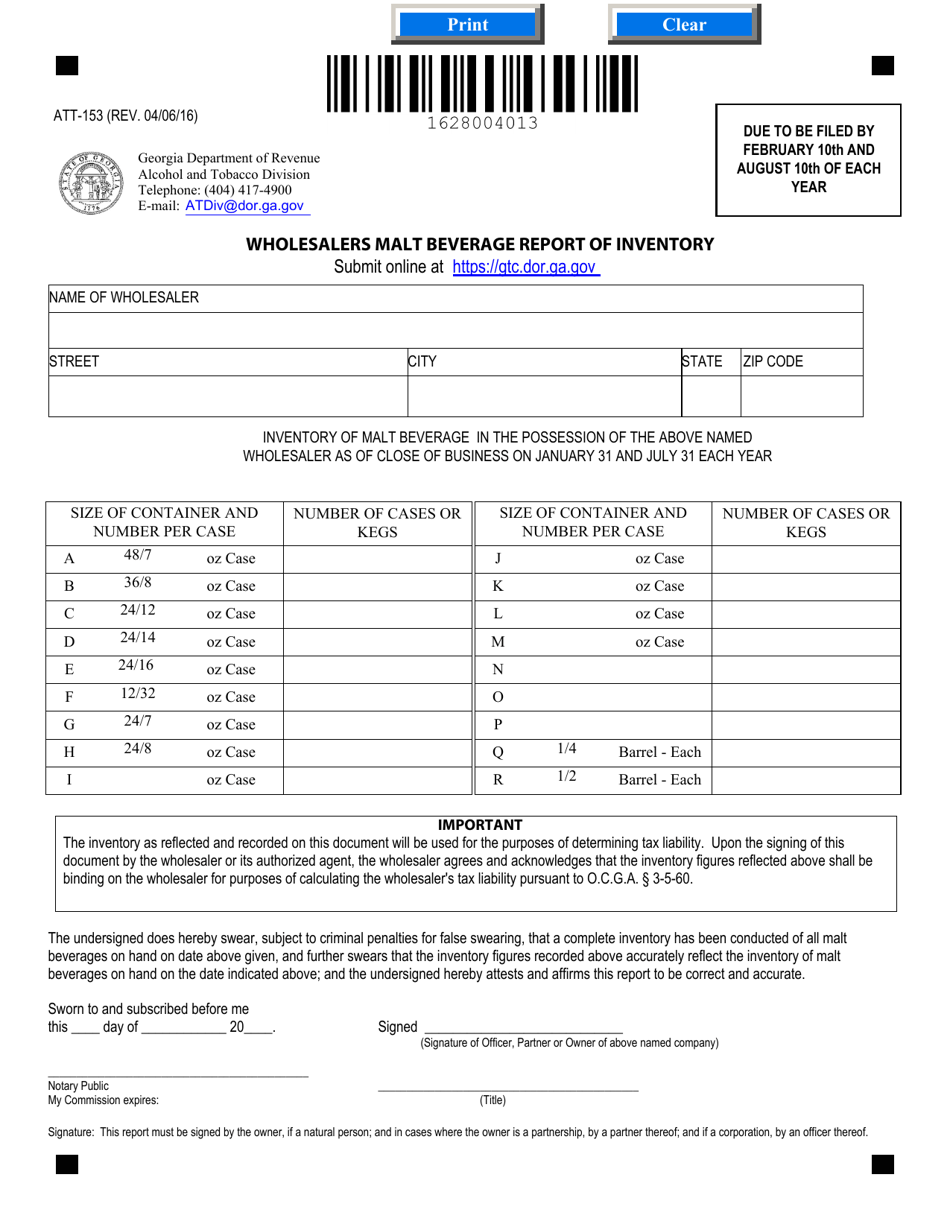 Form ATT-153 Wholesaler Malt Beverage Report of Inventory - Georgia (United States), Page 1