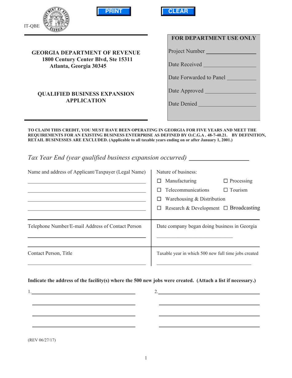 Form IT-QBE Qualified Business Expansion Application - Georgia (United States), Page 1