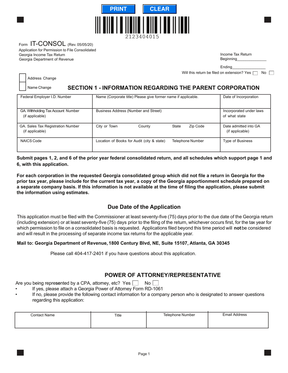 Form IT-CONSOL Application for Permission to File Consolidated Georgia Income Tax Return - Georgia (United States), Page 1