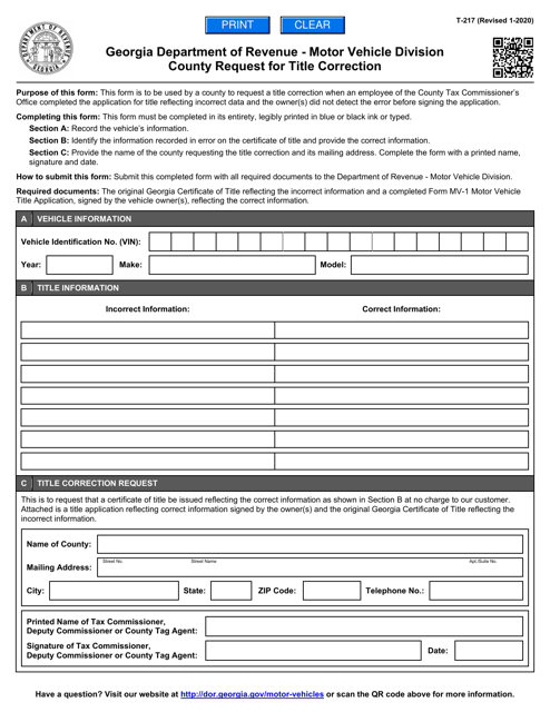 Form T-217 County Request for Title Correction - Georgia (United States)