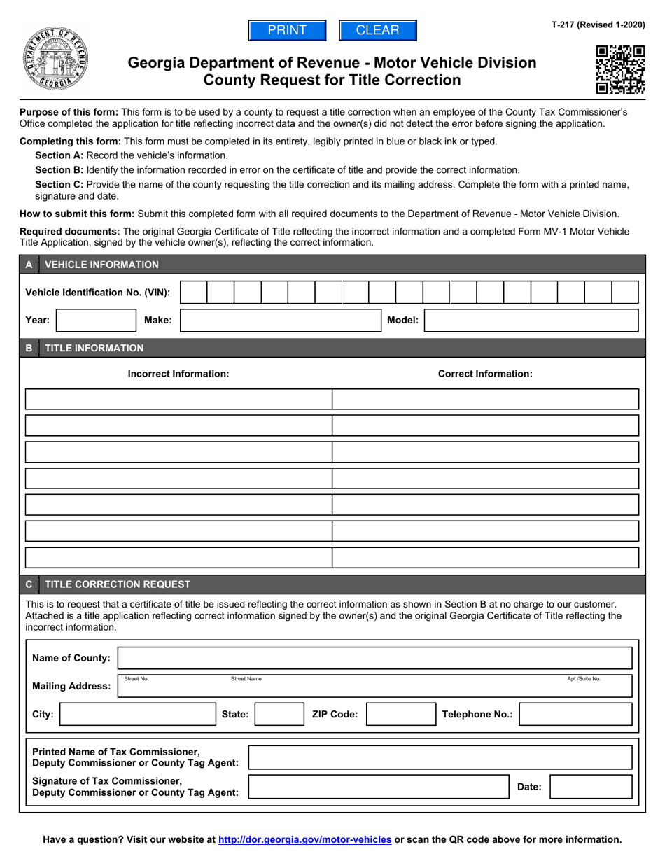 Form T-217 County Request for Title Correction - Georgia (United States), Page 1