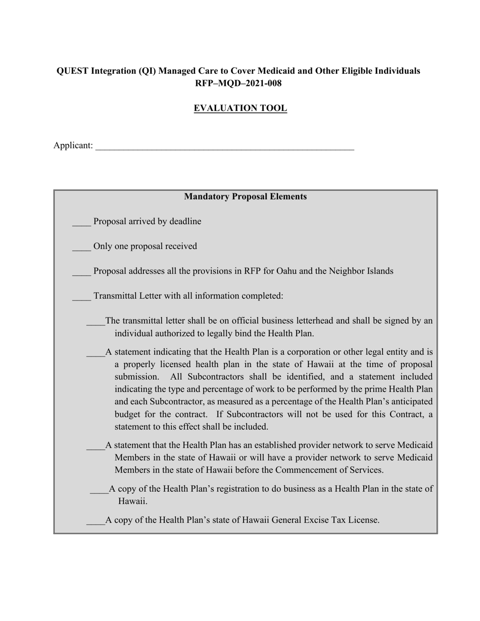 Appendix K Quest Integration Evaluation Tool - Hawaii, Page 2