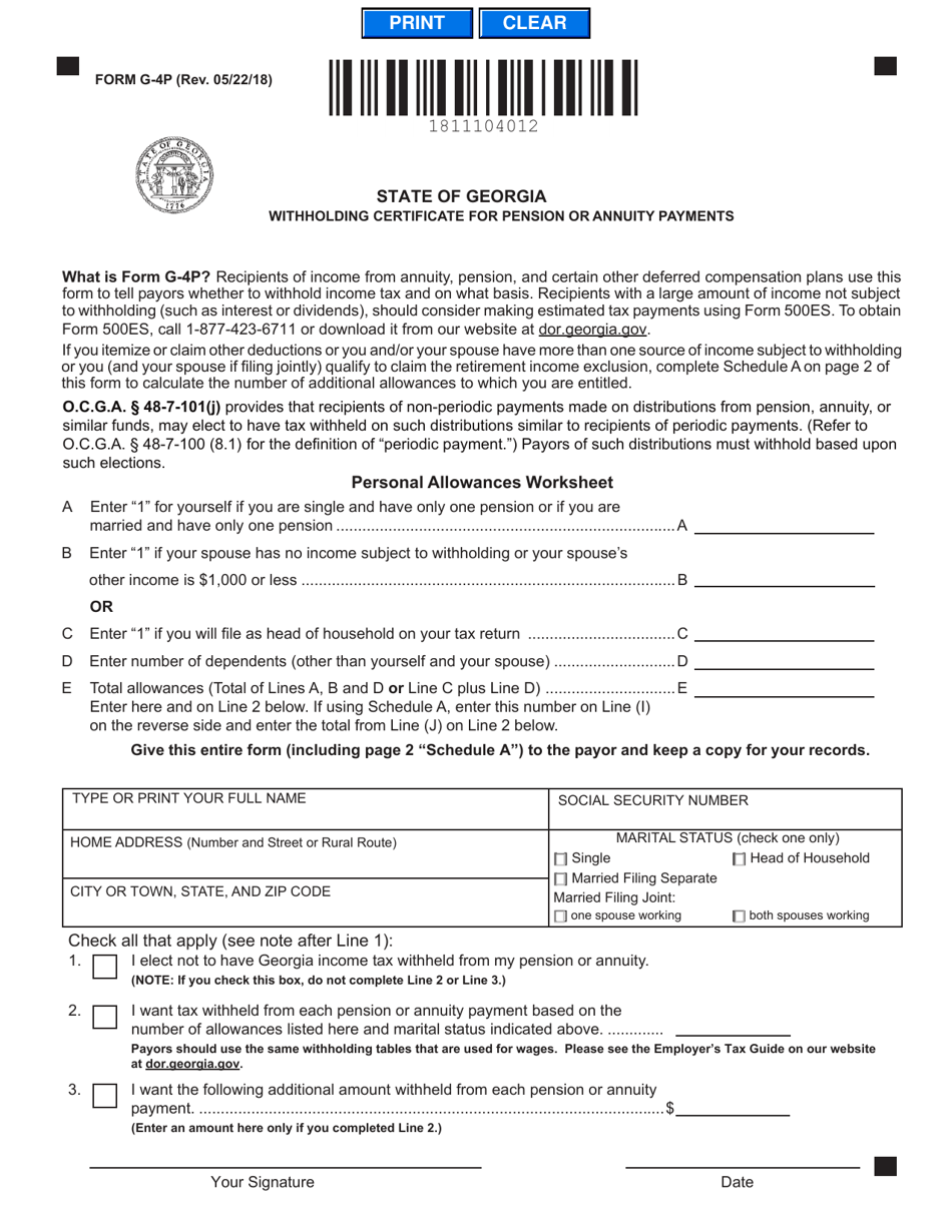 Form G-4P Withholding Certificate for Pension or Annuity Payments - Georgia (United States), Page 1